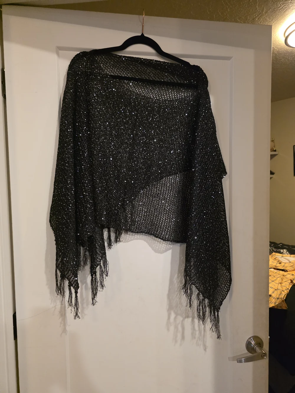 Black Sparkle Fringe Poncho Wrap - Women Accessories